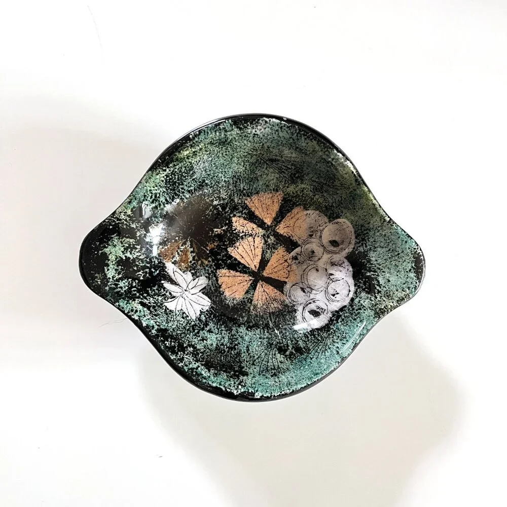 Vintage MCM Sascha Brastoff Black and Green Ceramic Atomic Floral Dish